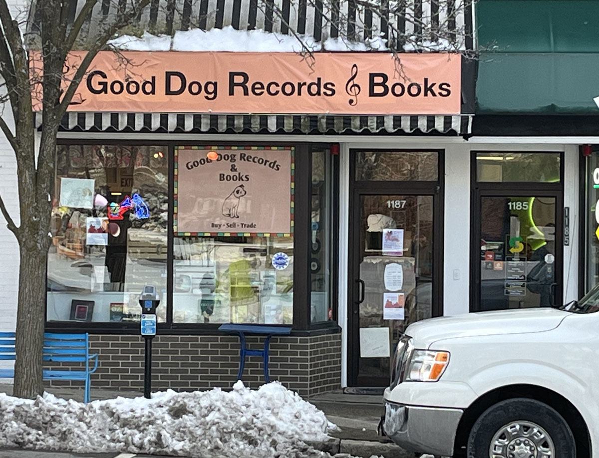 The storefront of Good Dog Records and Books in Newton, Massachusetts