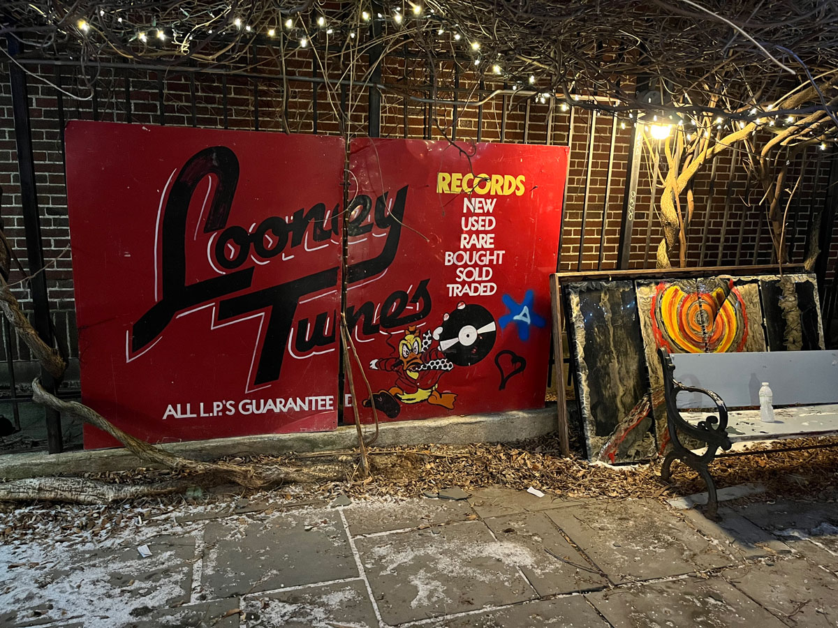 Looney Tunes Record Store Sign at night in Allston, Massachusetts